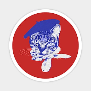 Ooo la la Cat with Beret, Blue and White on Red Magnet